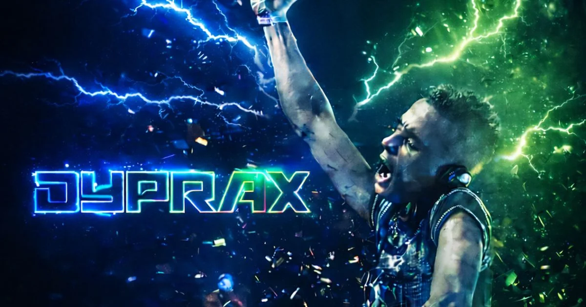 Dyprax live on stage with arm raised, neon lightning bolts and the Dyprax brand wordmark.