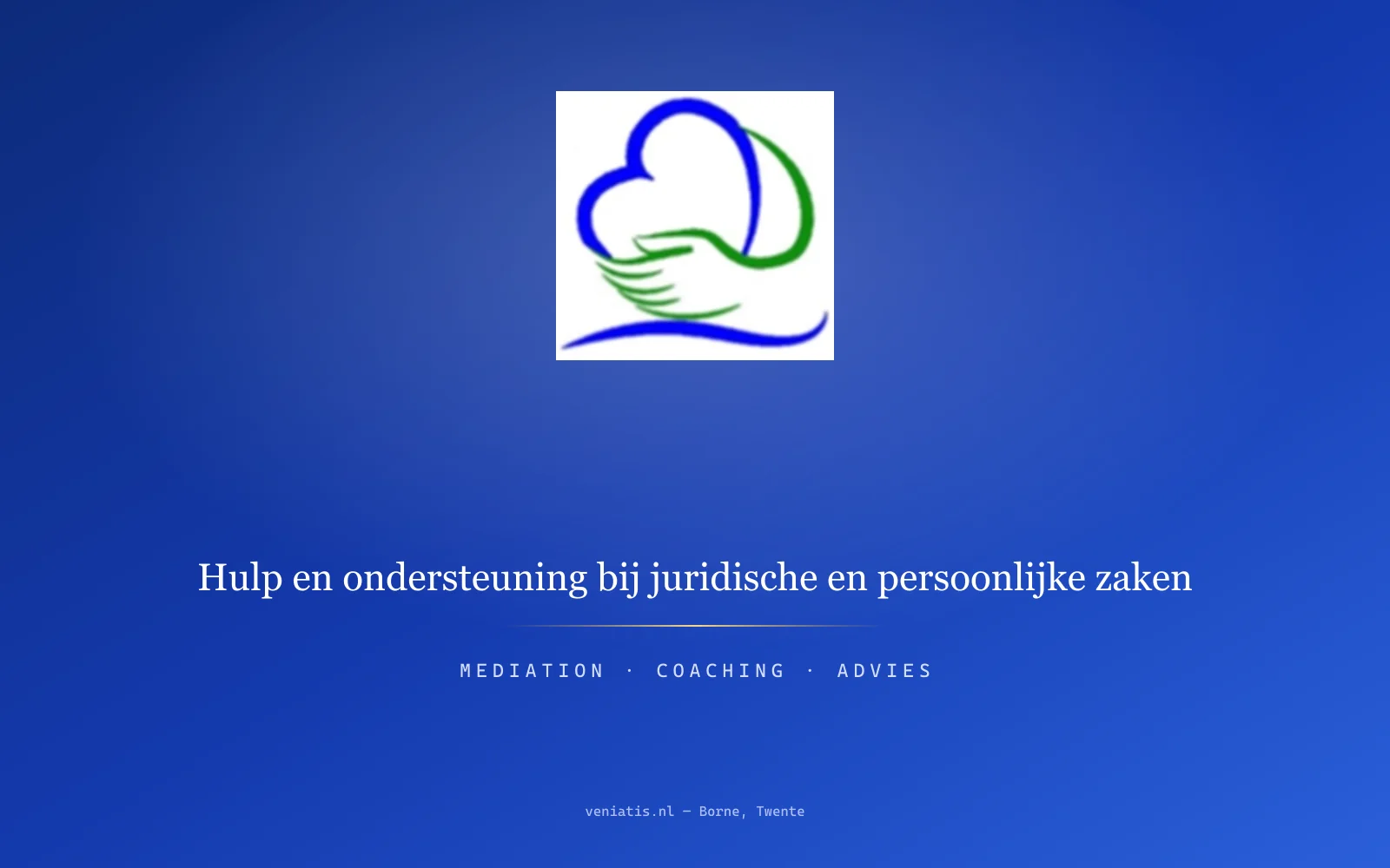 Veniatis wordmark on navy gradient with the tagline "Hulp en ondersteuning bij juridische en persoonlijke zaken" and a gold hairline accent.